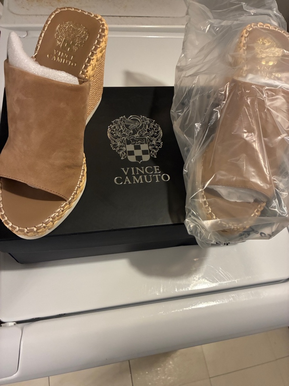 Vince Camuto Tan Suede Woven Wedge Mules
